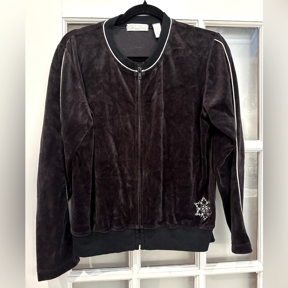 Vintage Lord & Taylor Velvet Velour Zip Up Warm Up Sweater Embroidered Size M